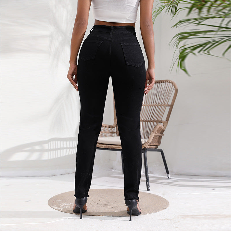 LADIES HIGH WAIST DISTRESSED DENIM JEANS DARK BLUE / LIGHT BLUE / BLACK (SIZE XS-2XL)