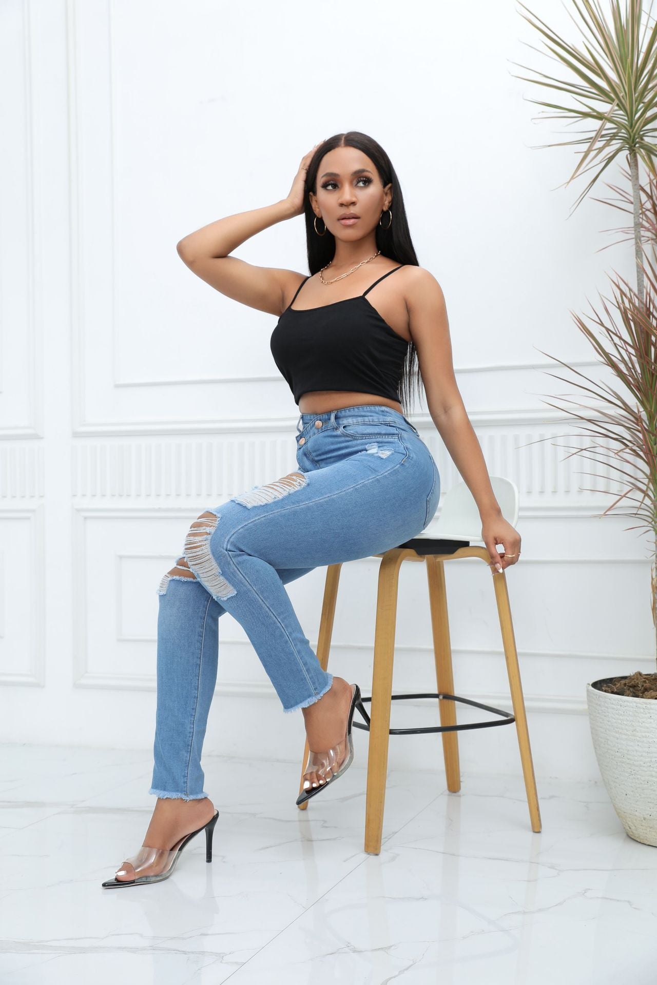 LADIES HIGH WAIST DISTRESSED DENIM JEANS DARK BLUE / LIGHT BLUE / BLACK (SIZE XS-2XL)