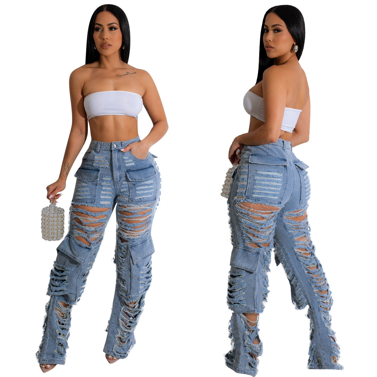 LADIES DISTRESSED JEANS LIGHT BLUE DENIM (SIZE S - 2XL)