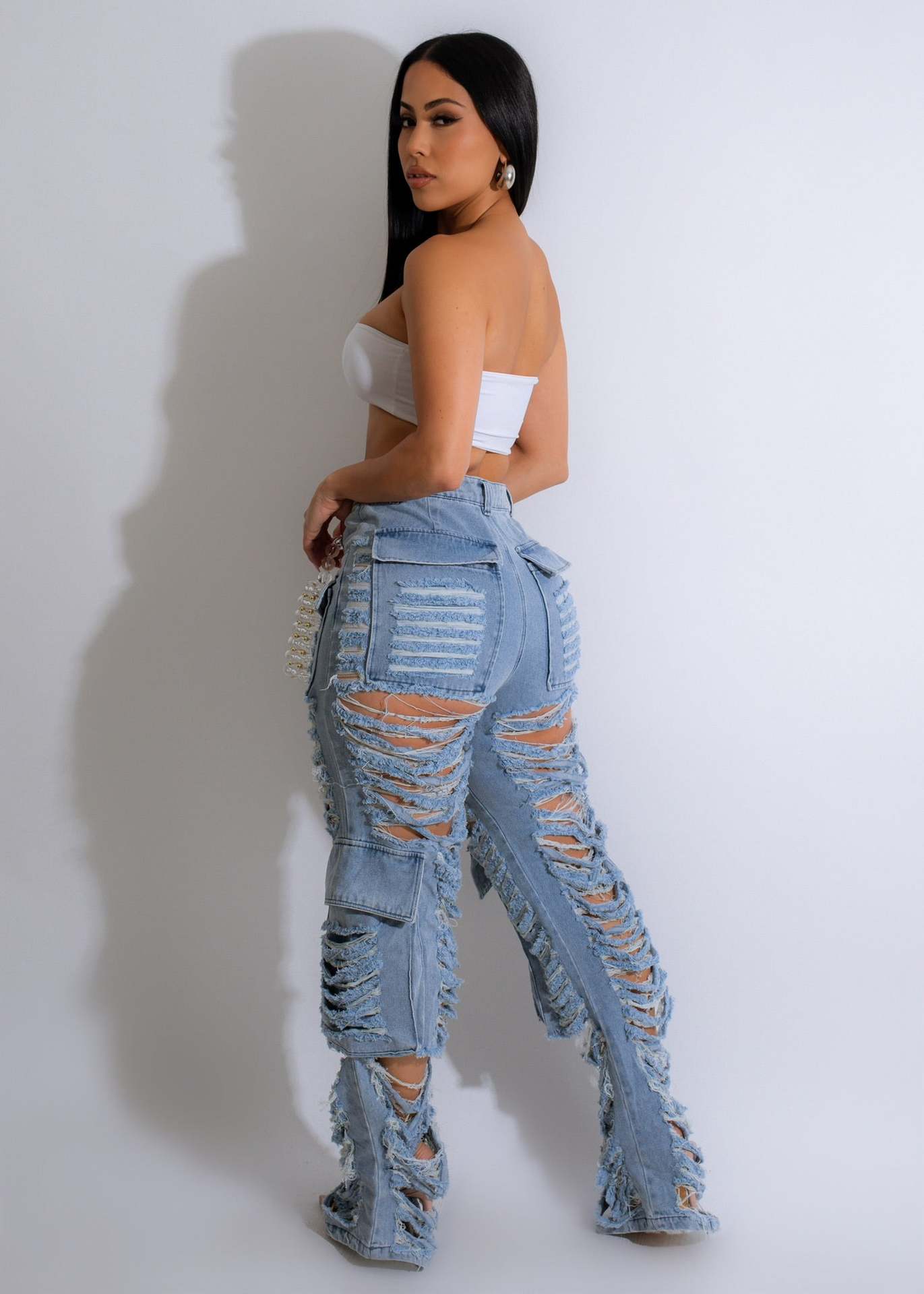 LADIES DISTRESSED JEANS LIGHT BLUE DENIM (SIZE S - 2XL)
