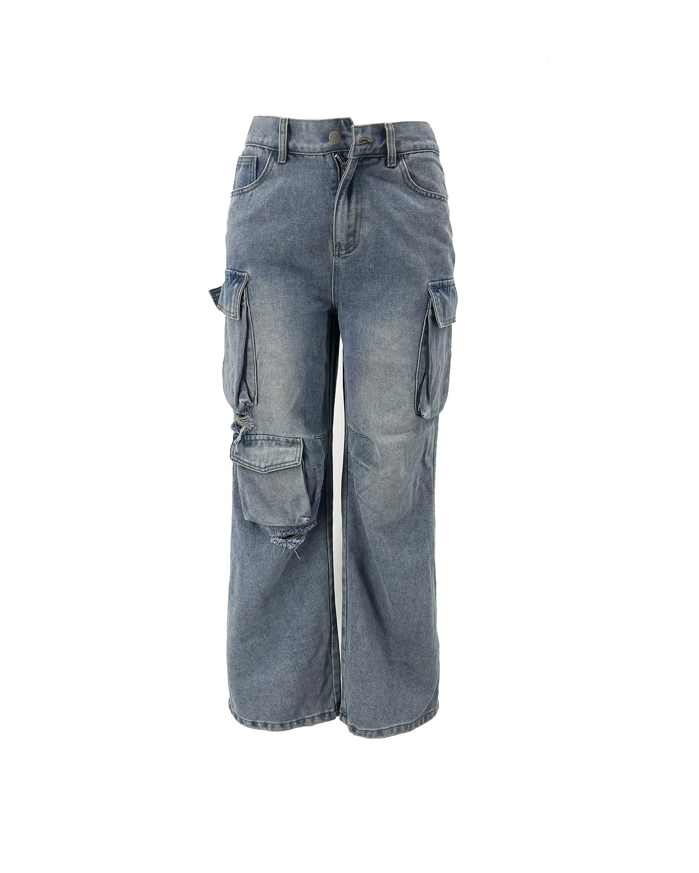 LADIES DISTRESSED CARGO JEANS BLUE DENIM (SIZE S-2XL)