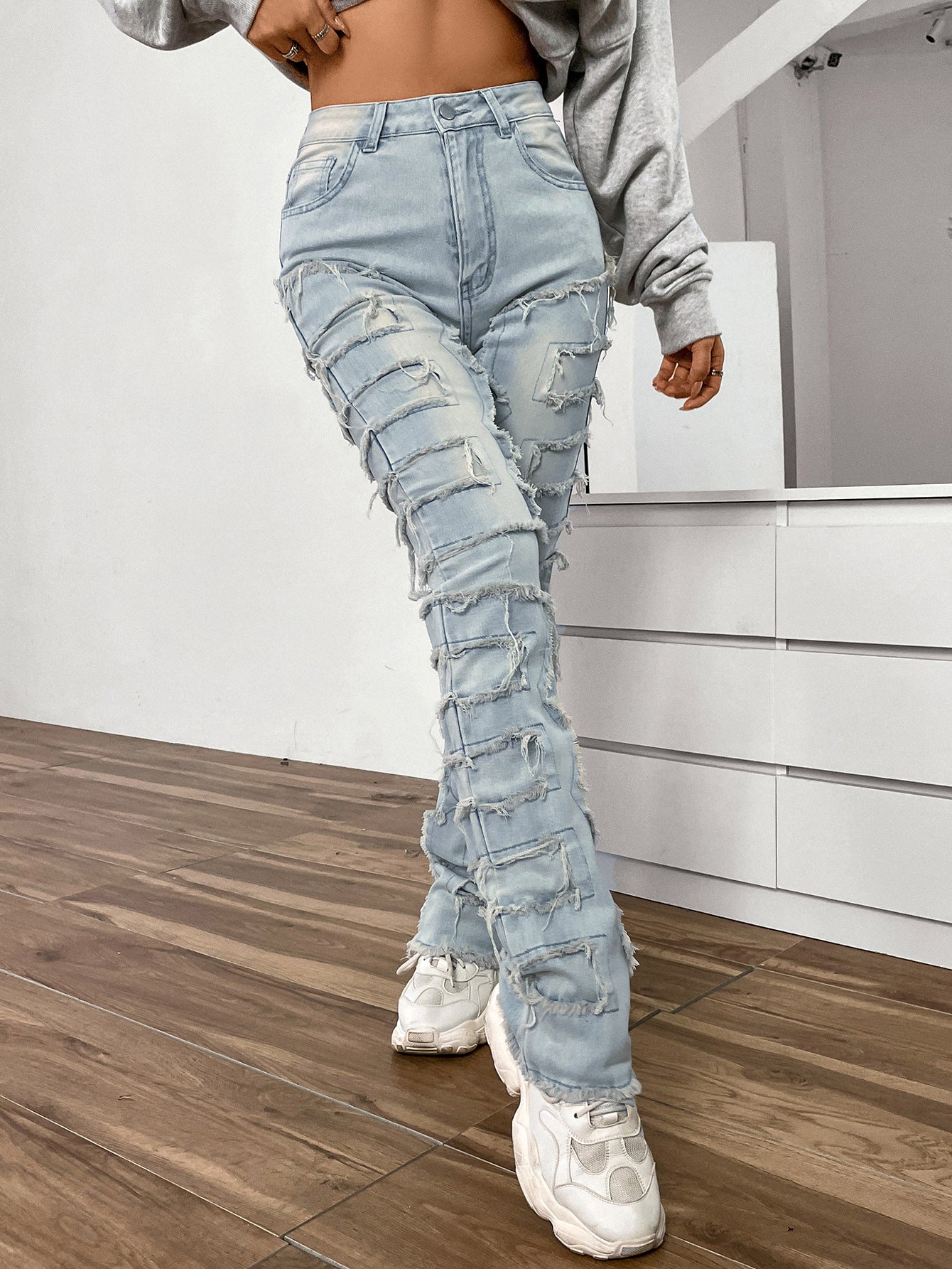 LADIES STRAIGHT DENIM JEANS LIGHT BLUE DENIM / BLACK / PINK (SIZE S-XL)