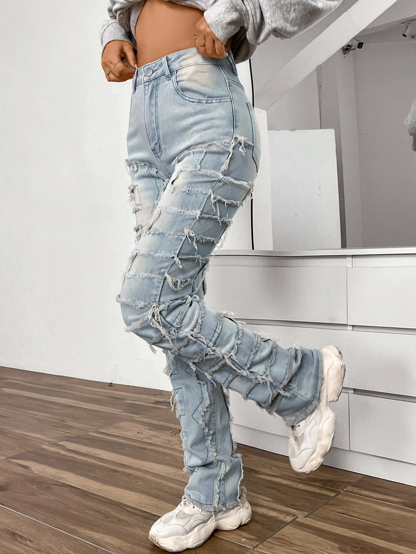 LADIES STRAIGHT DENIM JEANS LIGHT BLUE DENIM / BLACK / PINK (SIZE S-XL)