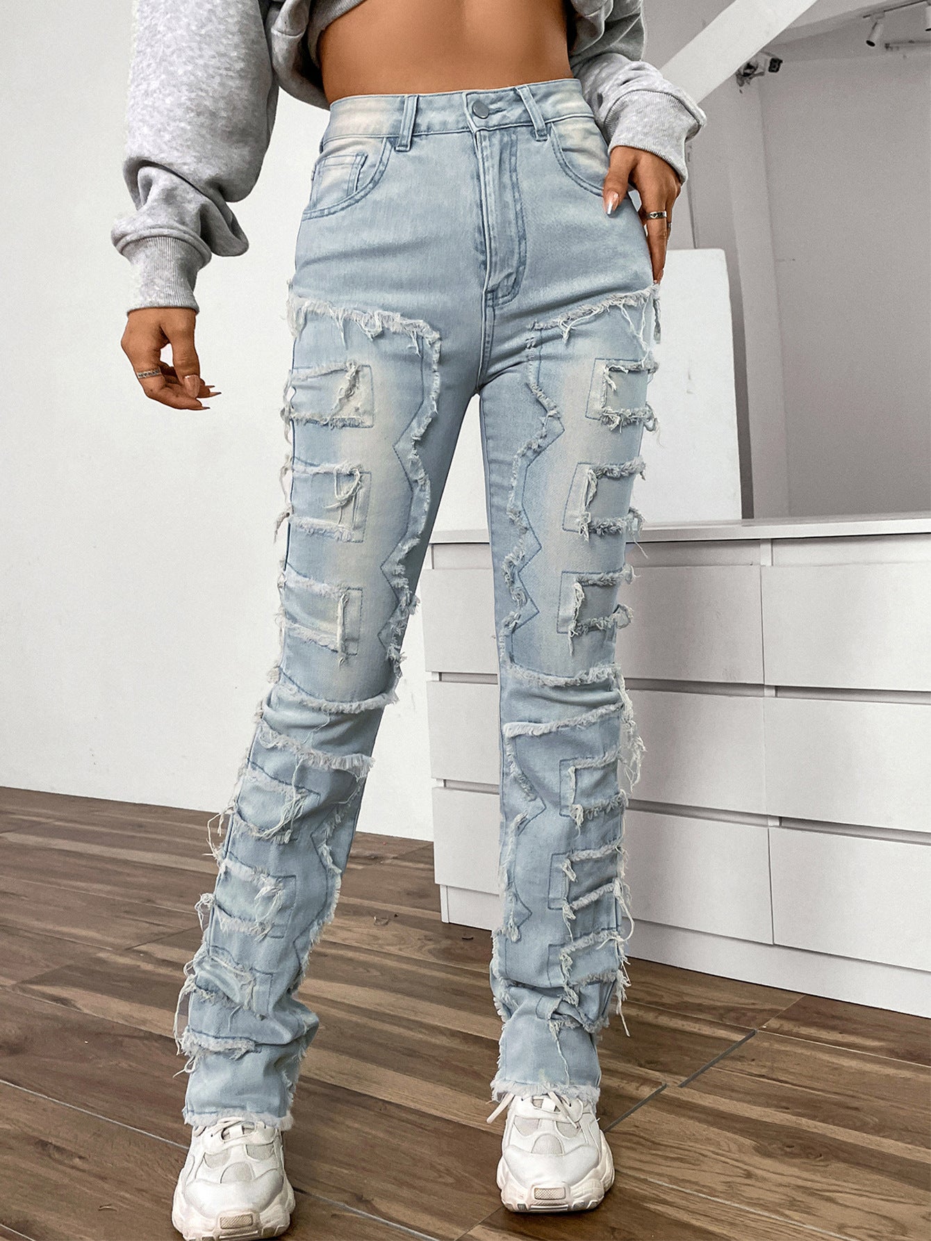 LADIES STRAIGHT DENIM JEANS LIGHT BLUE DENIM / BLACK / PINK (SIZE S-XL)