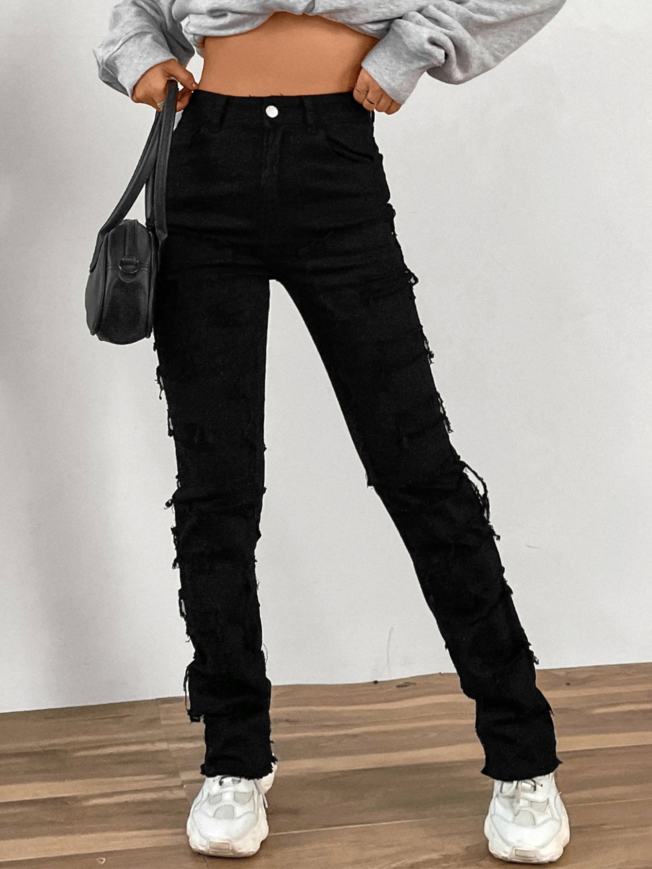 LADIES STRAIGHT DENIM JEANS LIGHT BLUE DENIM / BLACK / PINK (SIZE S-XL)