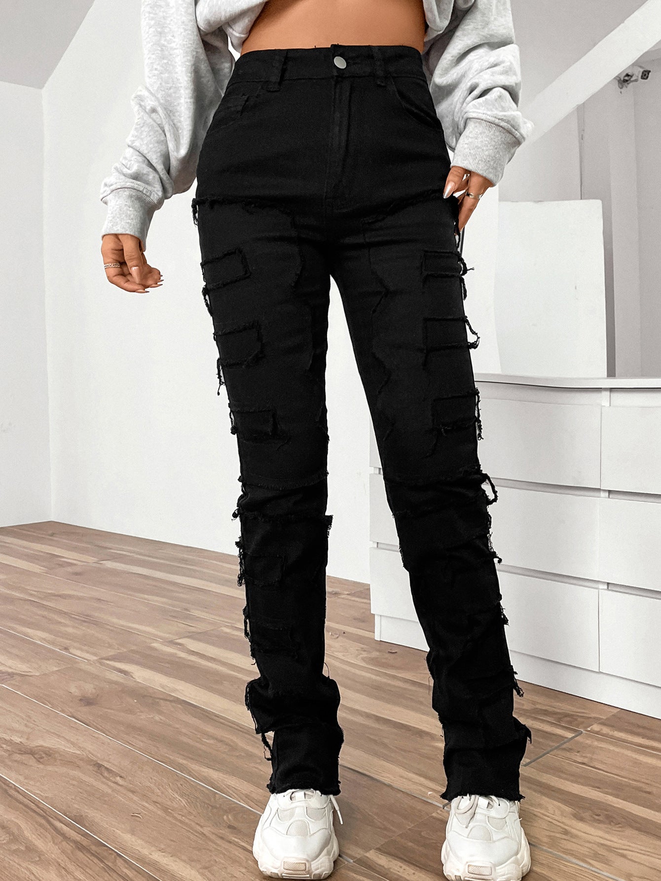 LADIES STRAIGHT DENIM JEANS LIGHT BLUE DENIM / BLACK / PINK (SIZE S-XL)
