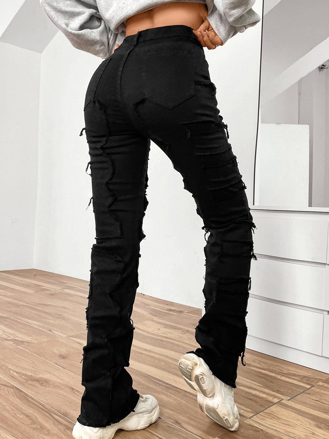LADIES STRAIGHT DENIM JEANS LIGHT BLUE DENIM / BLACK / PINK (SIZE S-XL)