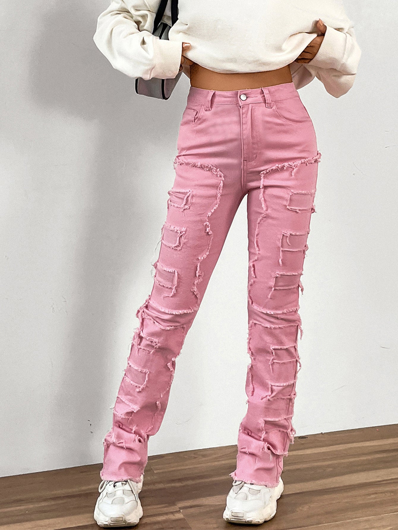 LADIES STRAIGHT DENIM JEANS LIGHT BLUE DENIM / BLACK / PINK (SIZE S-XL)