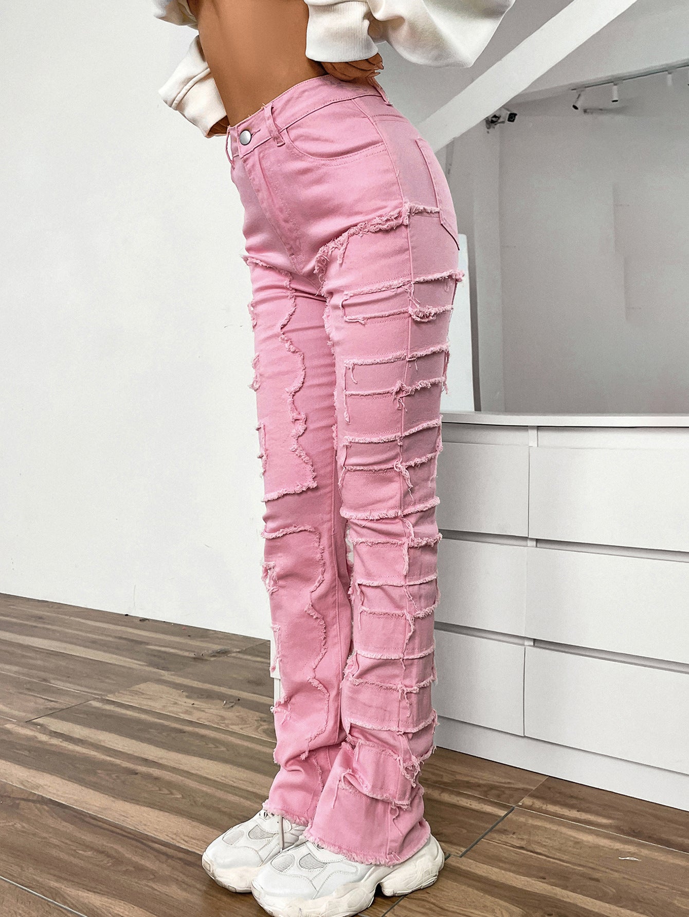 LADIES STRAIGHT DENIM JEANS LIGHT BLUE DENIM / BLACK / PINK (SIZE S-XL)