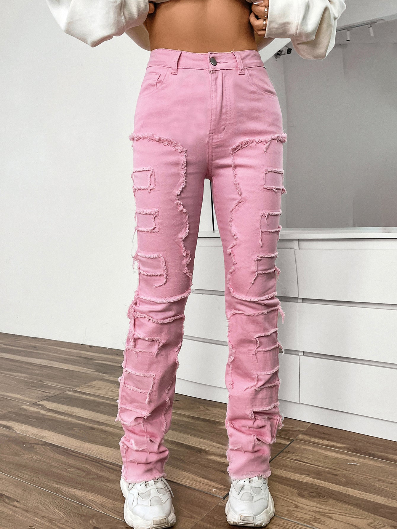 LADIES STRAIGHT DENIM JEANS LIGHT BLUE DENIM / BLACK / PINK (SIZE S-XL)