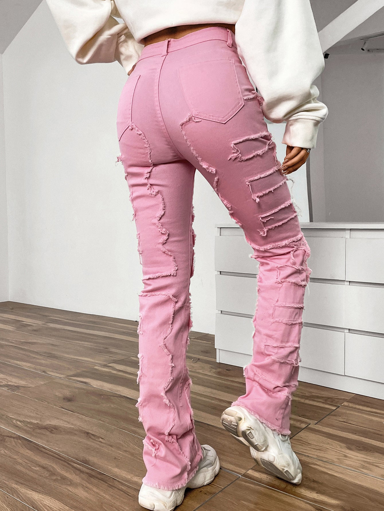 LADIES STRAIGHT DENIM JEANS LIGHT BLUE DENIM / BLACK / PINK (SIZE S-XL)