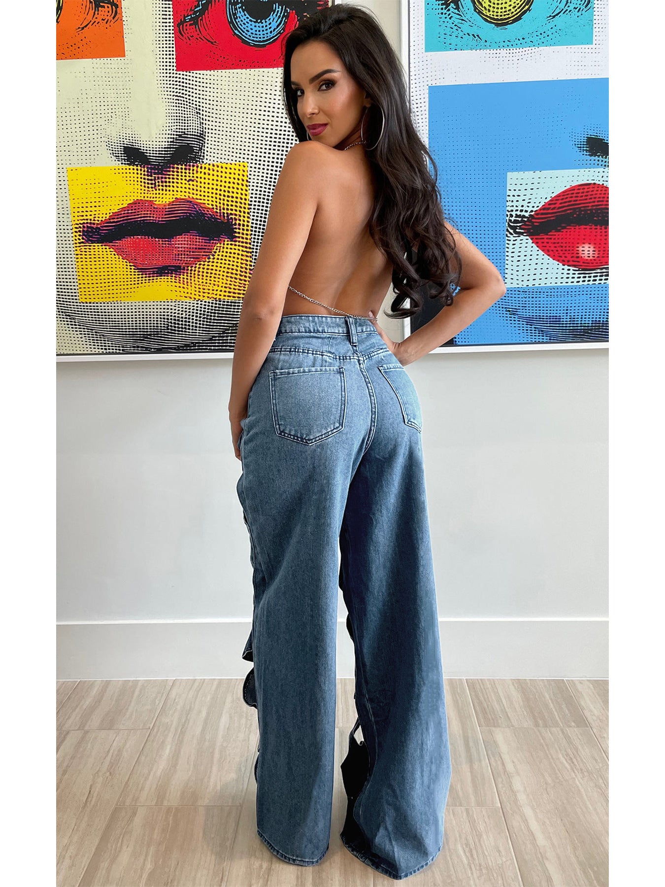 LADIES HOLLOW JEANS LIGHT BLUE DENIM / BLACK (SIZE S-2XL)