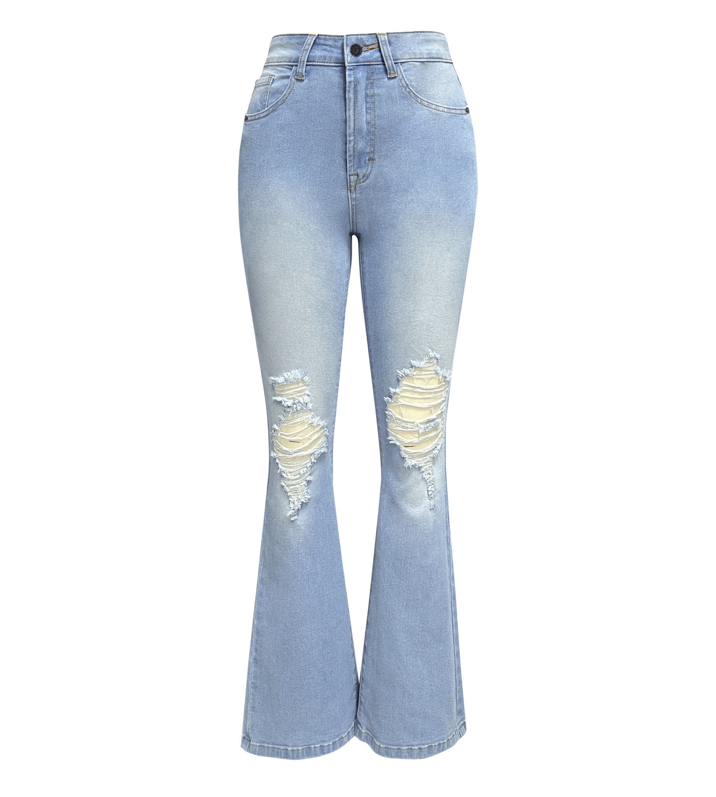 LADIES HIGH WAIST DISTRESSED JEANS LIGHT BLUE (SIZE S-2XL)
