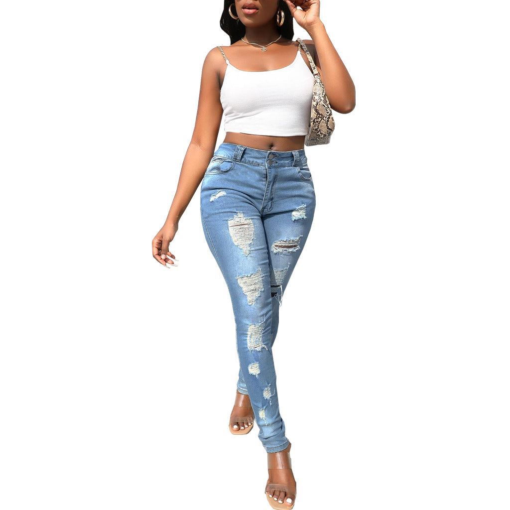LADIES STRETCHY DISTRESSED DENIM JEANS LIGHT BLUE (SIZE S- 2XL)