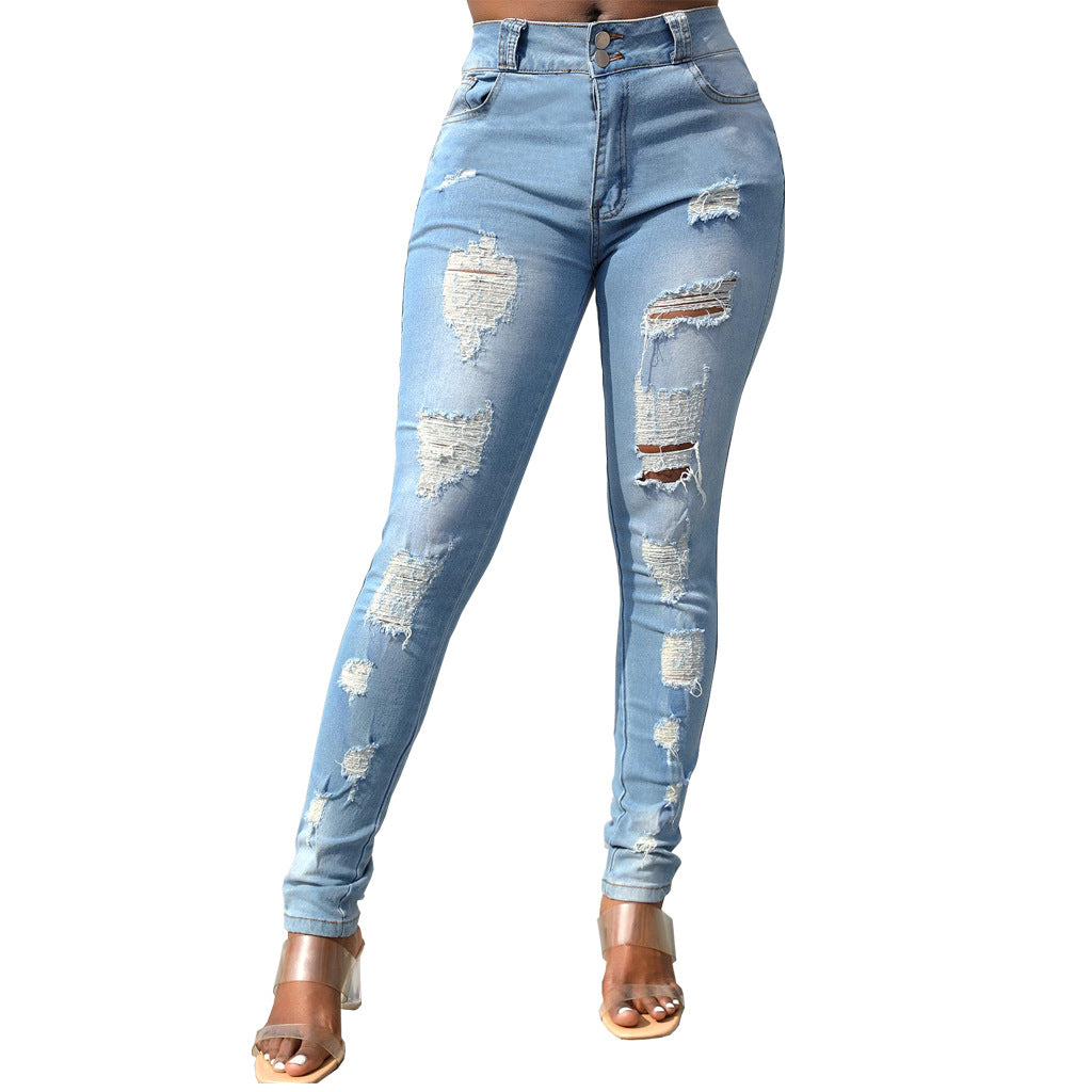 LADIES STRETCHY DISTRESSED DENIM JEANS LIGHT BLUE (SIZE S- 2XL)