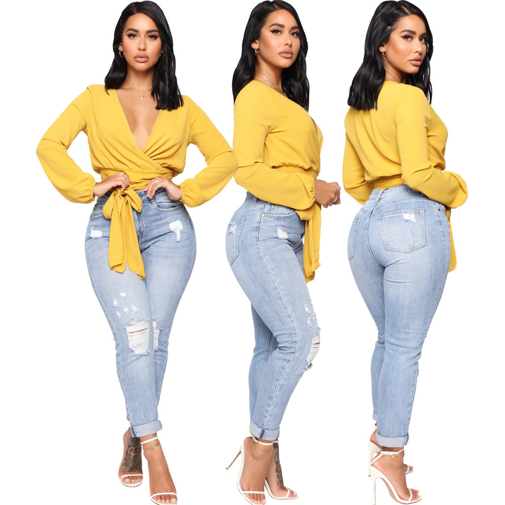 LADIES HIGH WAIST DISTRESSED DENIM JEANS LIGHT BLUE (SIZE S - 2XL)