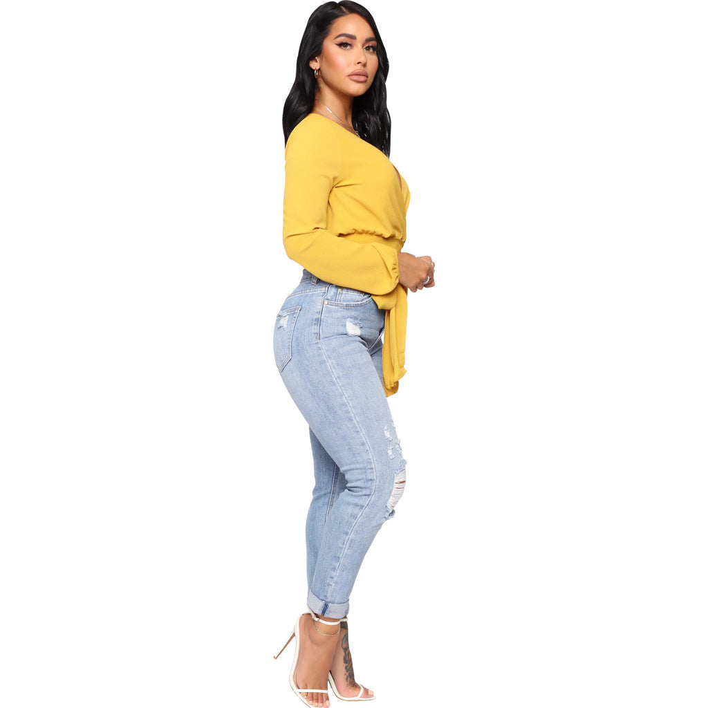 LADIES HIGH WAIST DISTRESSED DENIM JEANS LIGHT BLUE (SIZE S - 2XL)