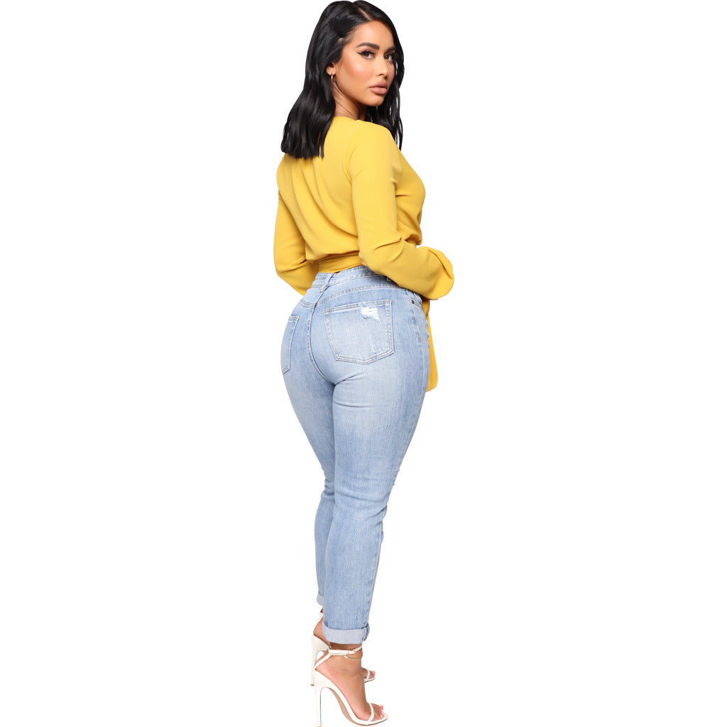 LADIES HIGH WAIST DISTRESSED DENIM JEANS LIGHT BLUE (SIZE S - 2XL)