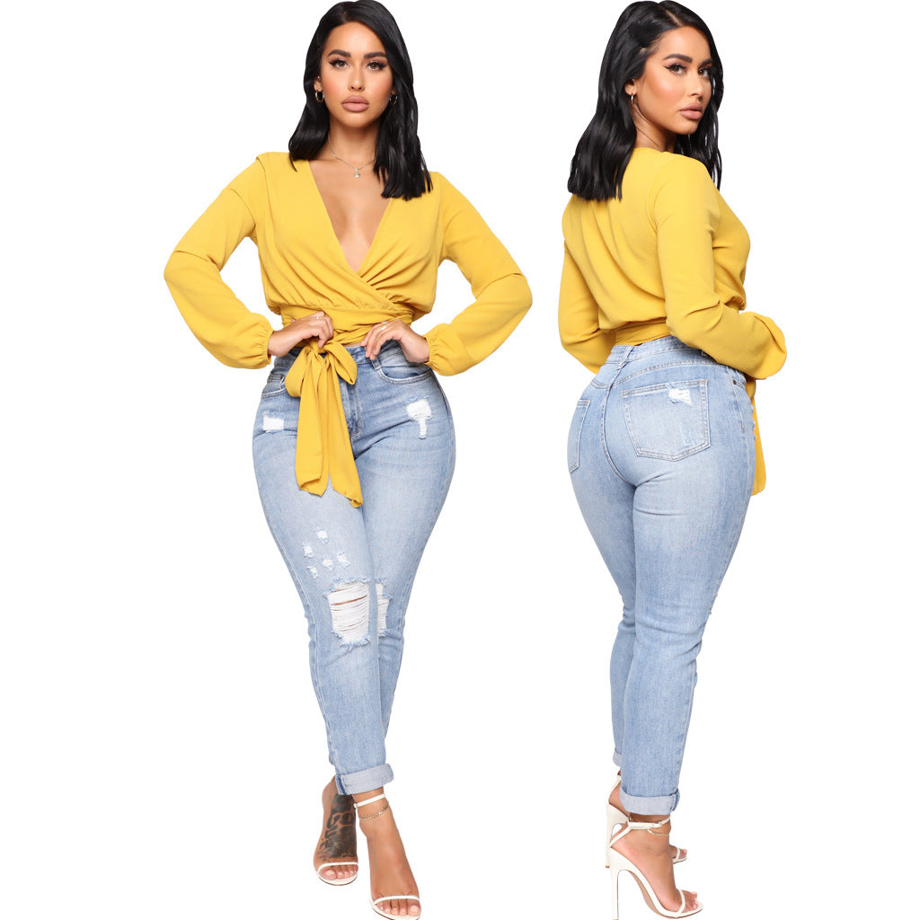 LADIES HIGH WAIST DISTRESSED DENIM JEANS LIGHT BLUE (SIZE S - 2XL)