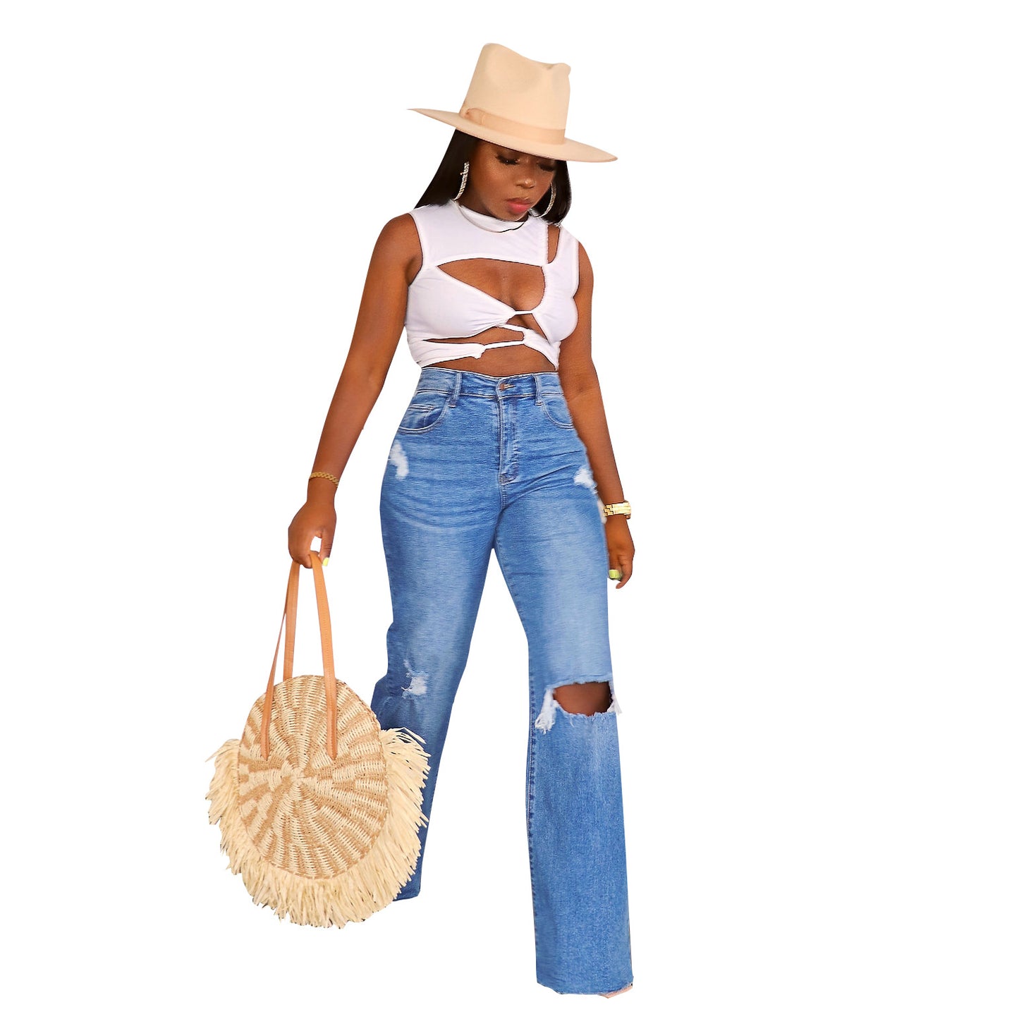 LADIES WIDE LEGGED STRAIGHT DENIM JEANS BLUE / LIGHT BLUE (SIZE S-2XL)