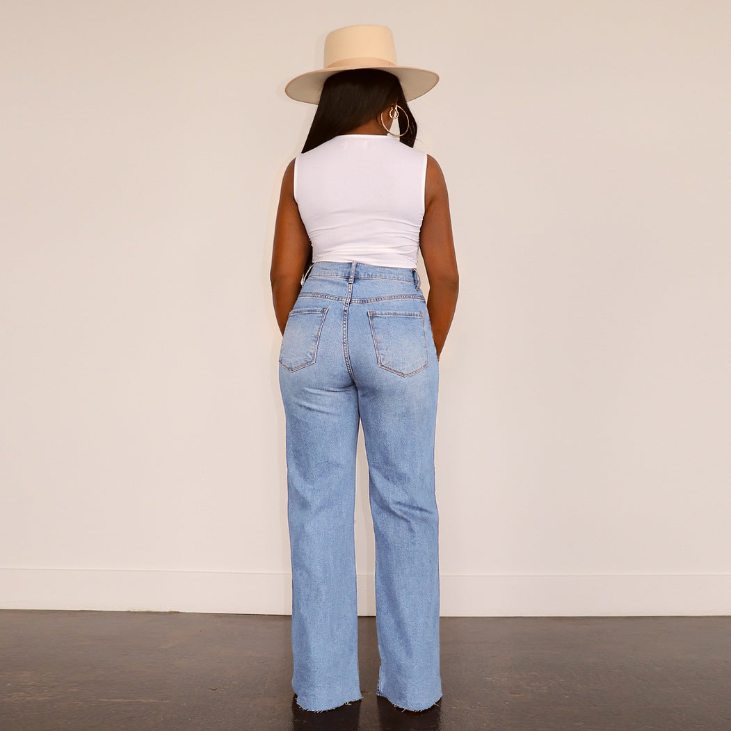LADIES WIDE LEGGED STRAIGHT DENIM JEANS BLUE / LIGHT BLUE (SIZE S-2XL)