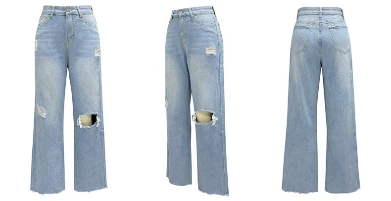 LADIES WIDE LEGGED STRAIGHT DENIM JEANS BLUE / LIGHT BLUE (SIZE S-2XL)