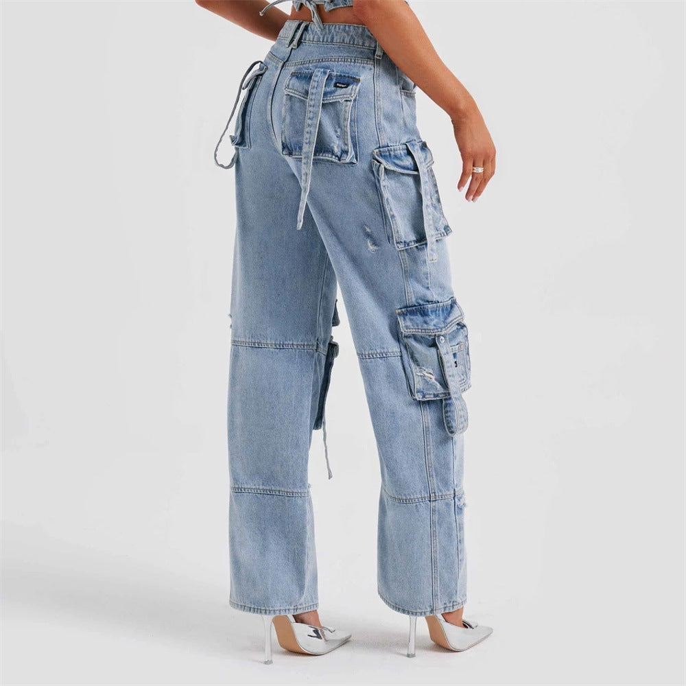 LADIES DENIM CARGO JEANS BLUE / BLACK (SIZE S-L)