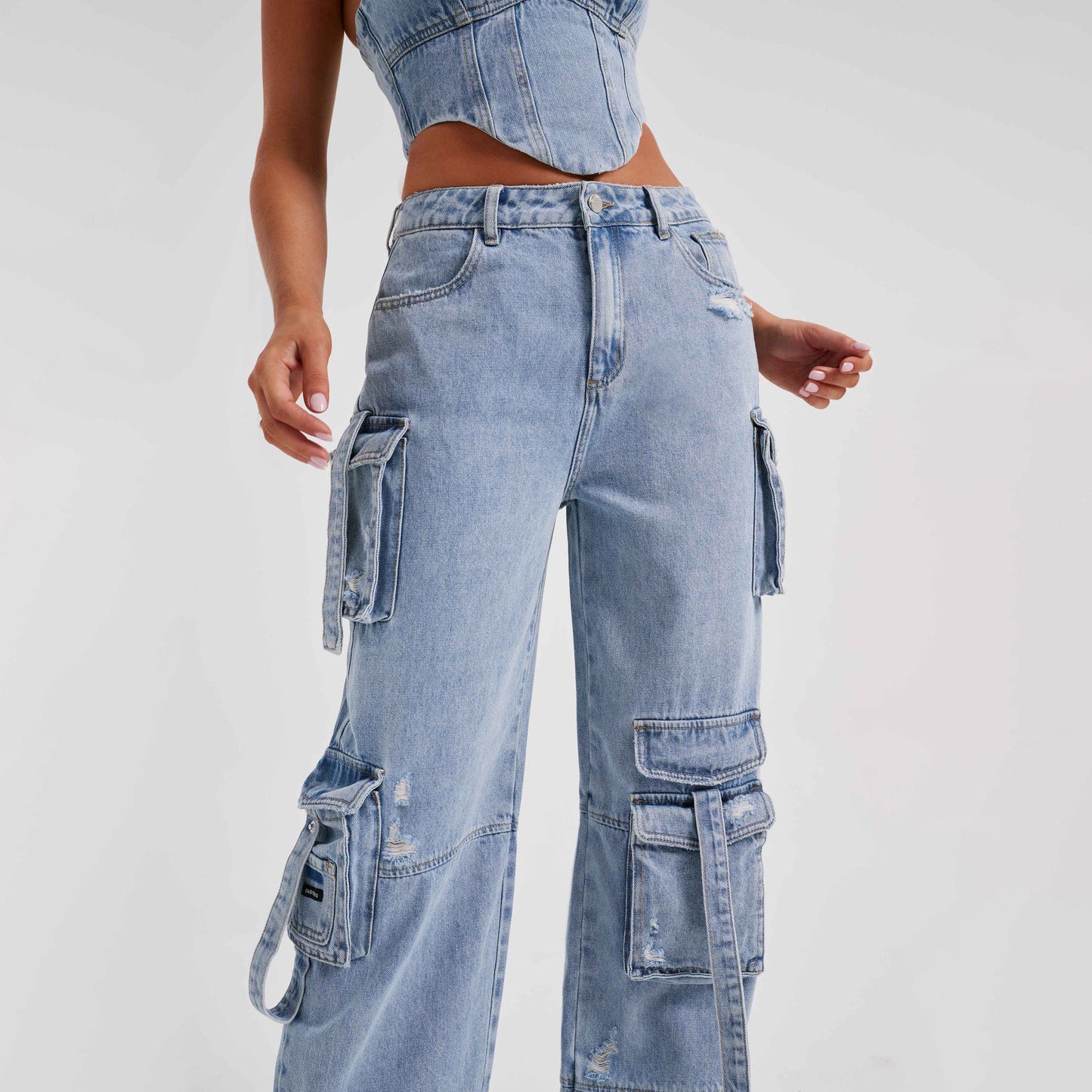 LADIES DENIM CARGO JEANS BLUE / BLACK (SIZE S-L)