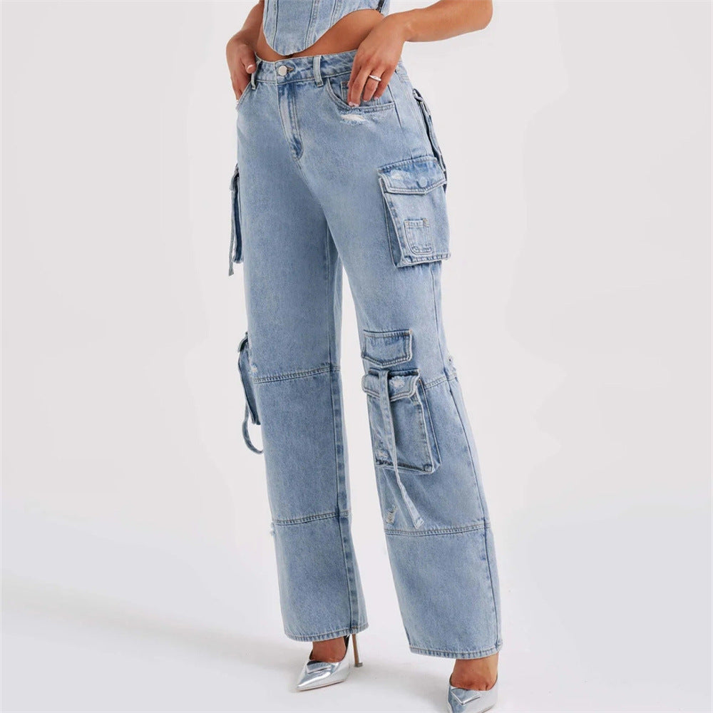 LADIES DENIM CARGO JEANS BLUE / BLACK (SIZE S-L)