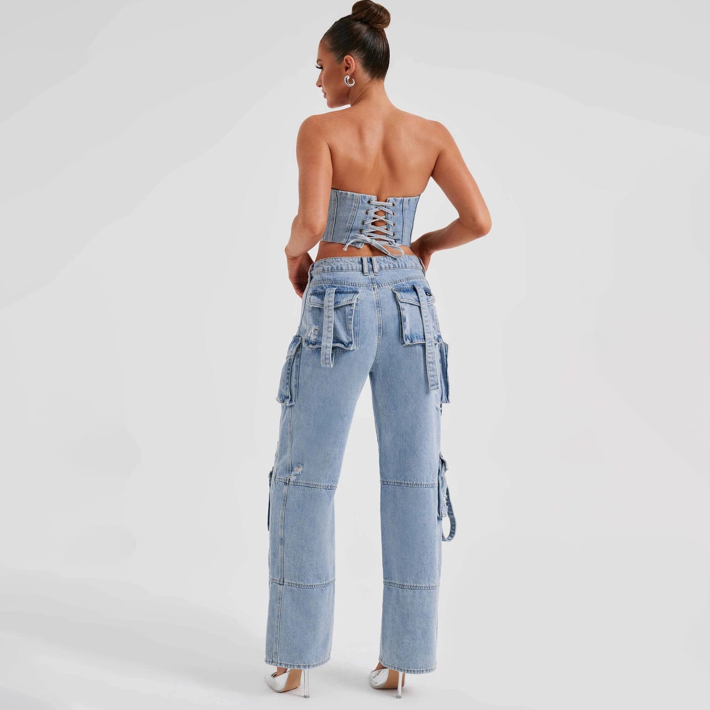 LADIES DENIM CARGO JEANS BLUE / BLACK (SIZE S-L)
