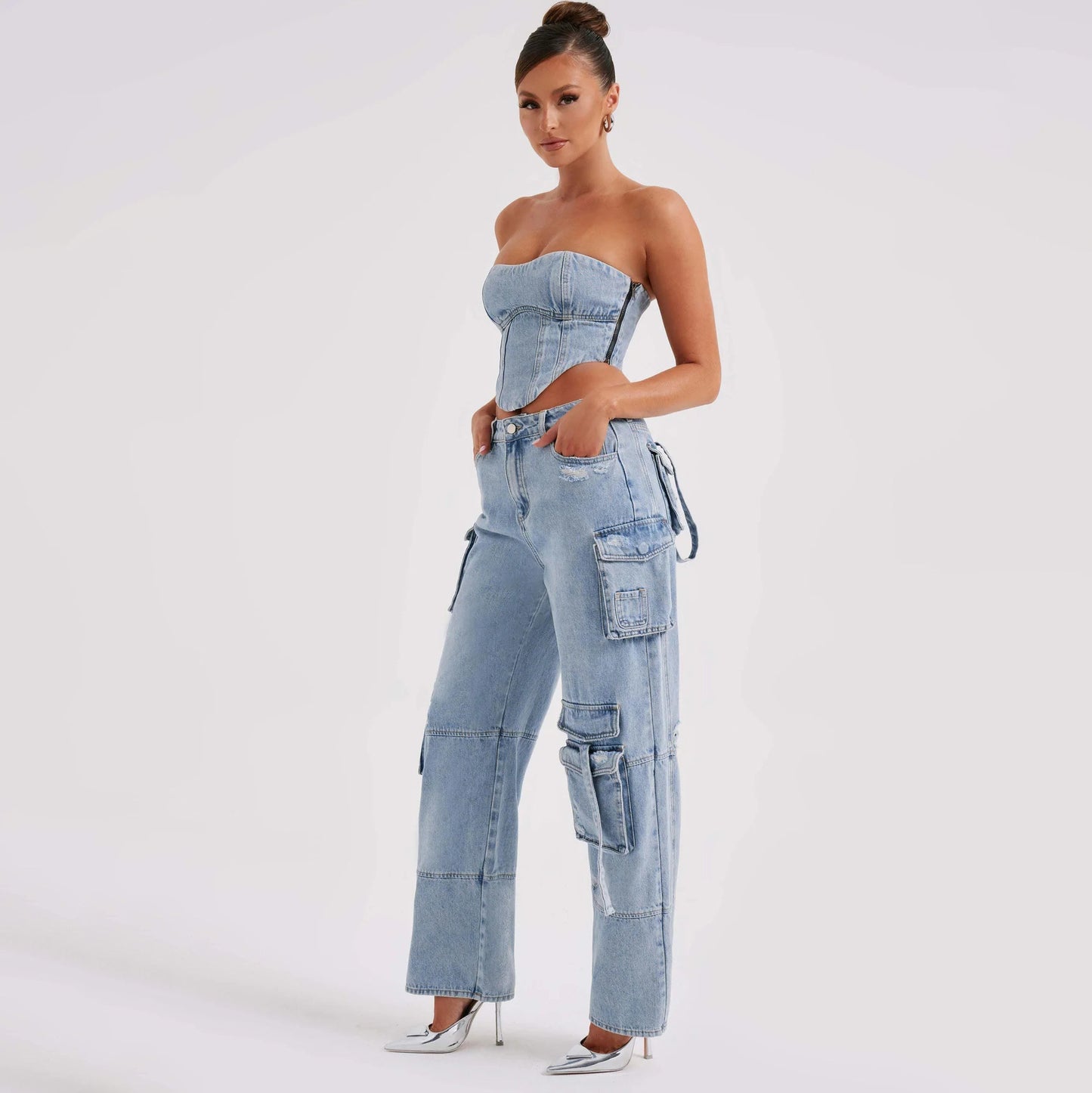 LADIES DENIM CARGO JEANS BLUE / BLACK (SIZE S-L)