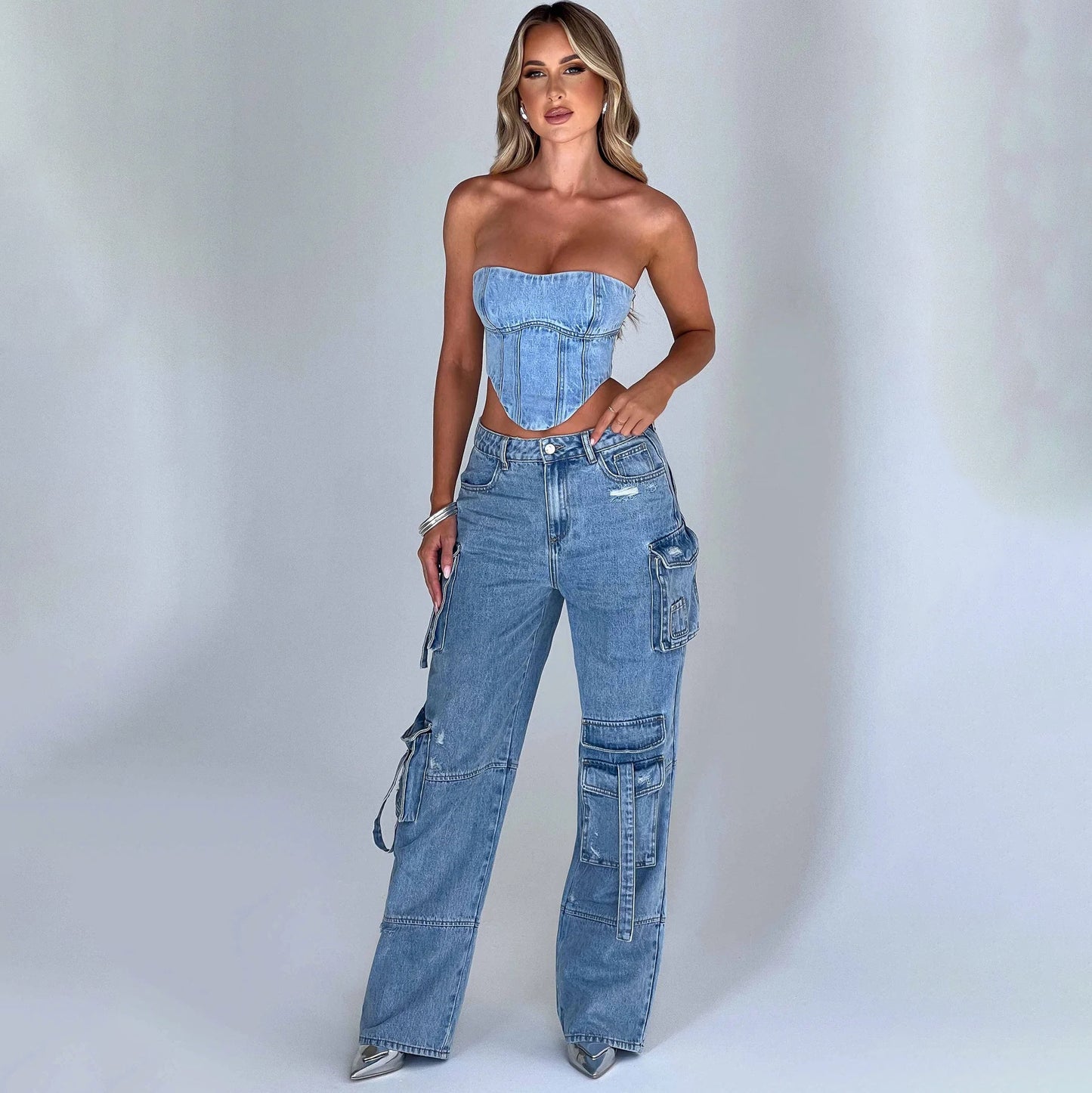 LADIES DENIM CARGO JEANS BLUE / BLACK (SIZE S-L)