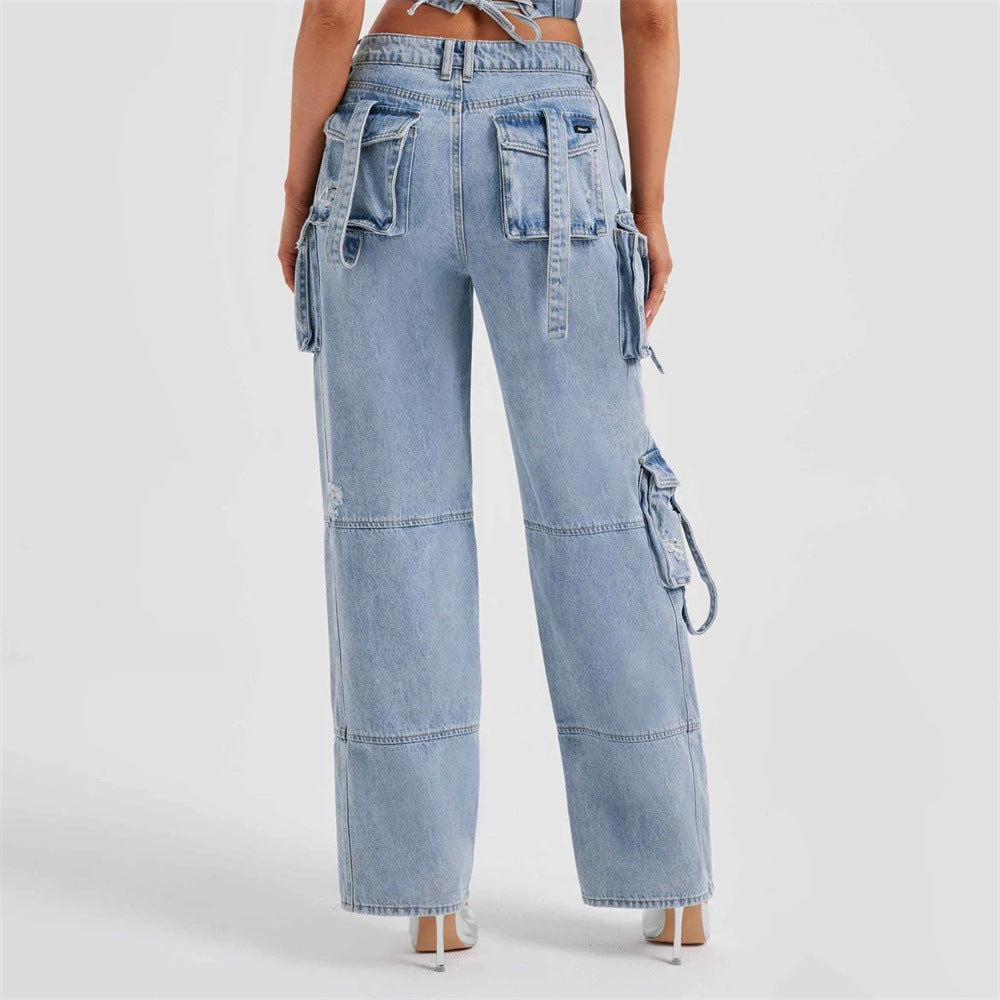 LADIES DENIM CARGO JEANS BLUE / BLACK (SIZE S-L)