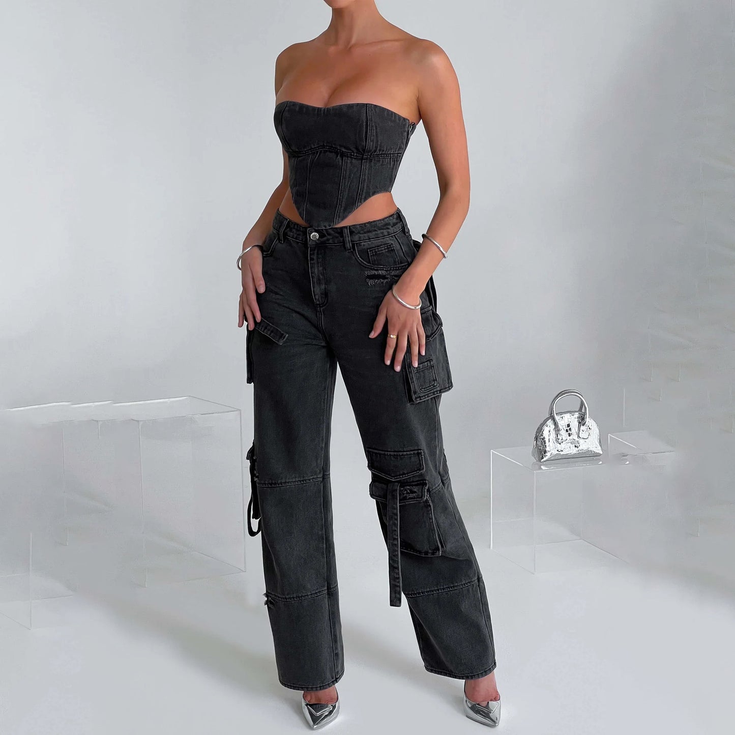 LADIES DENIM CARGO JEANS BLUE / BLACK (SIZE S-L)