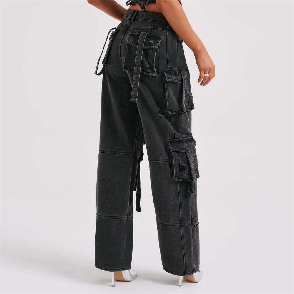 LADIES DENIM CARGO JEANS BLUE / BLACK (SIZE S-L)