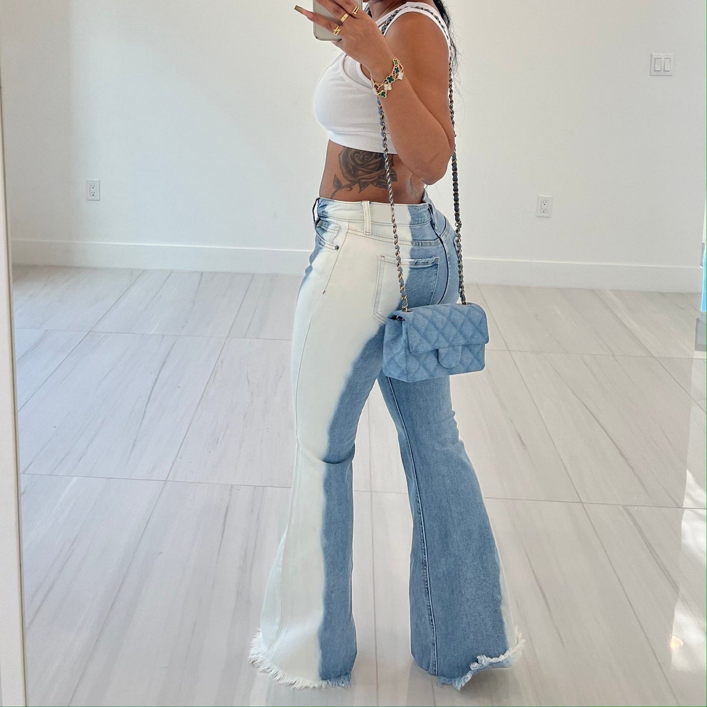 LADIES FLARED DENIM JEANS BLUE / GRAY (SIZE S-2XL)