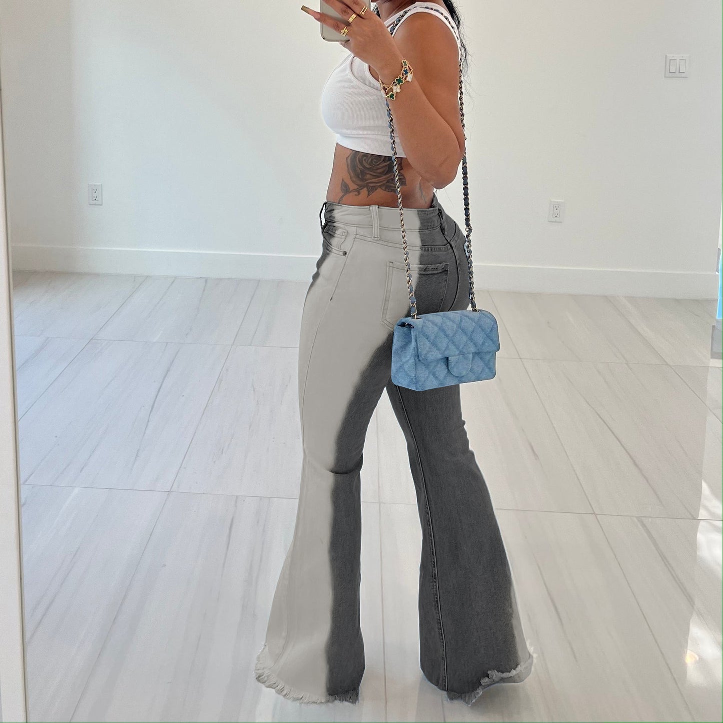 LADIES FLARED DENIM JEANS BLUE / GRAY (SIZE S-2XL)