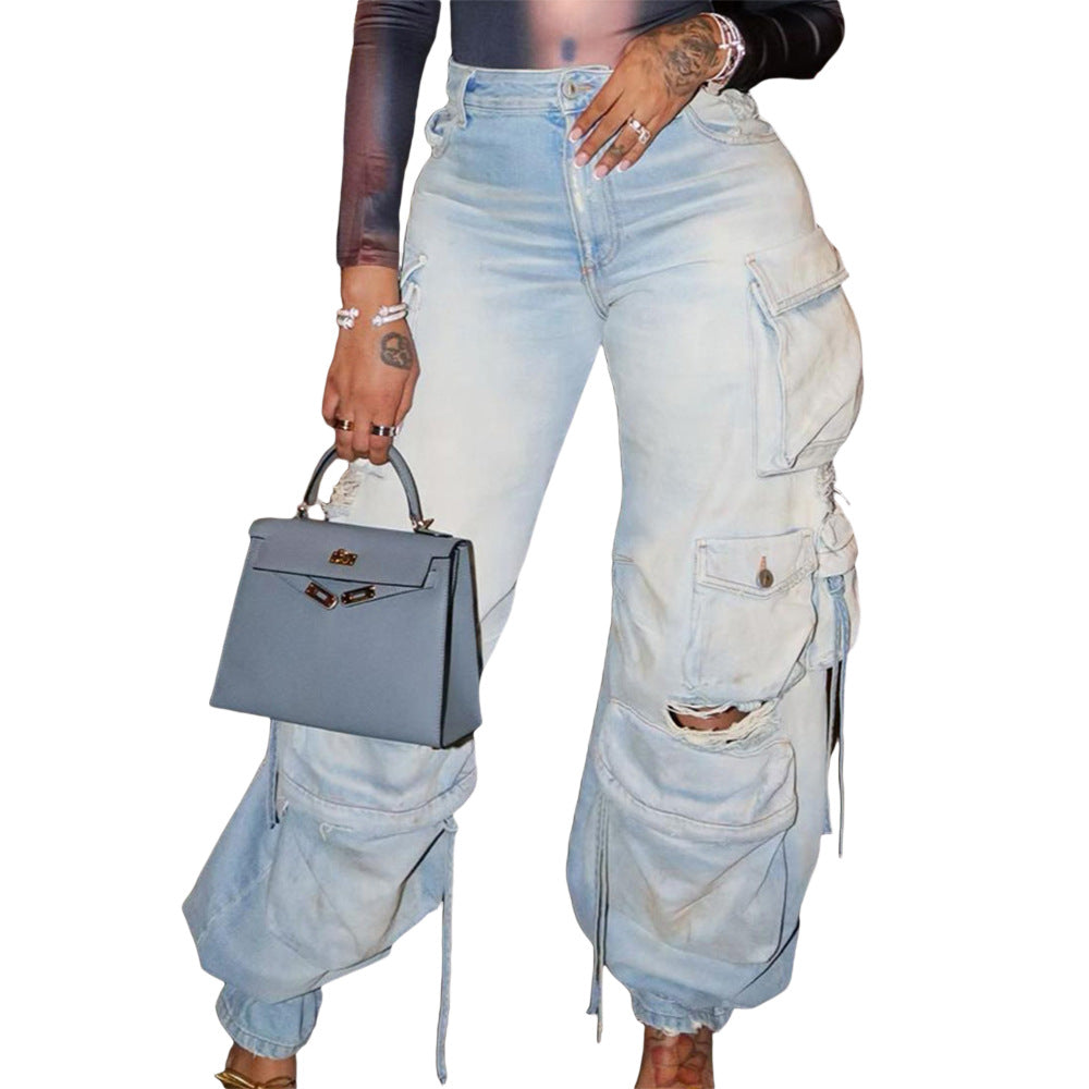 LADIES DENIM CARGO JEANS LIGHT BLUE / PINK / GRAY (SIZE S-2XL)