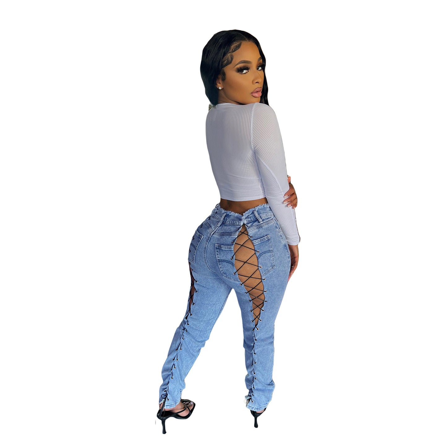 LADIES SLIM FIT STRETCH JEANS BLUE DENIM (SIZE S-2XL)