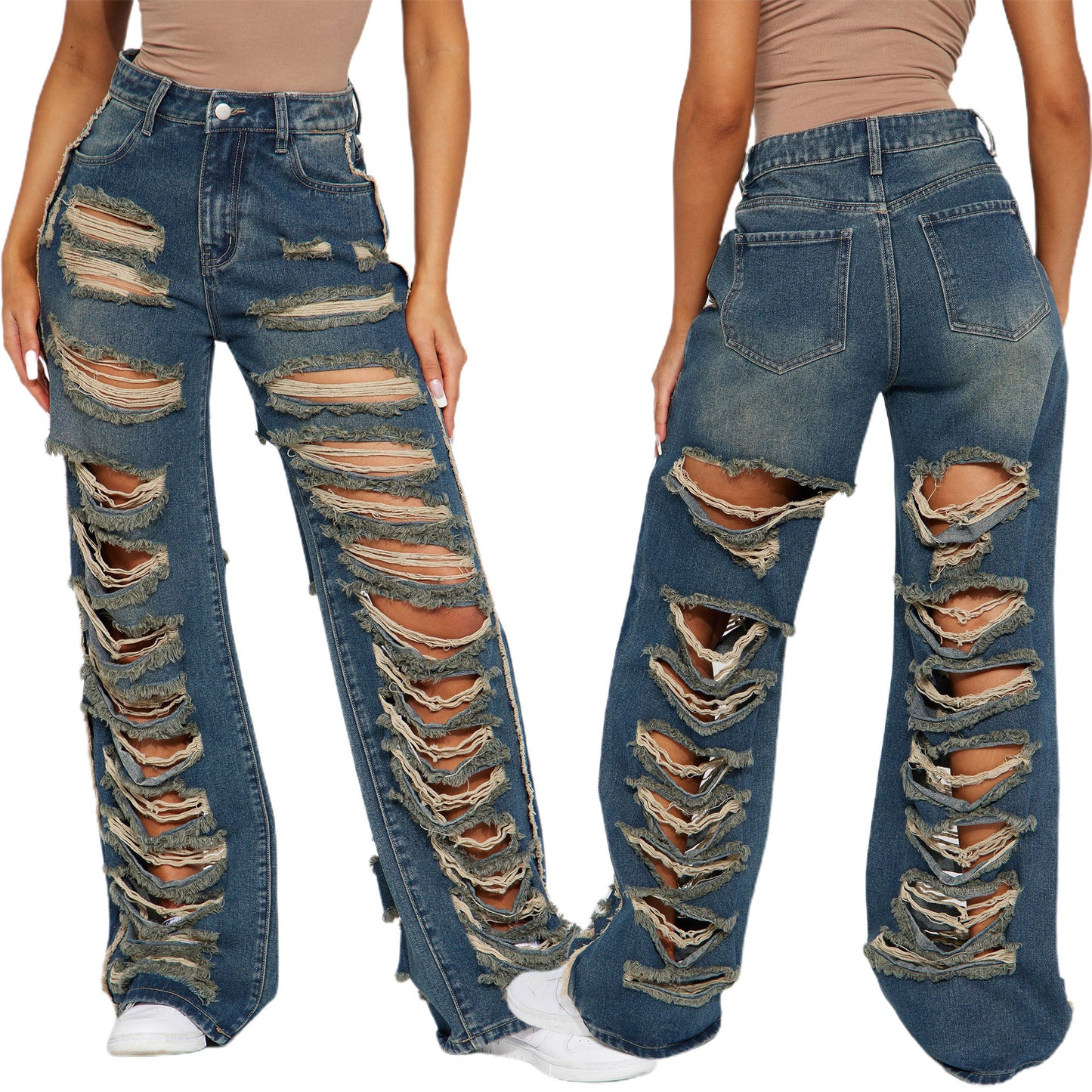 LADIES DISTRESSED JEANS BLUE (SIZE S-3XL)