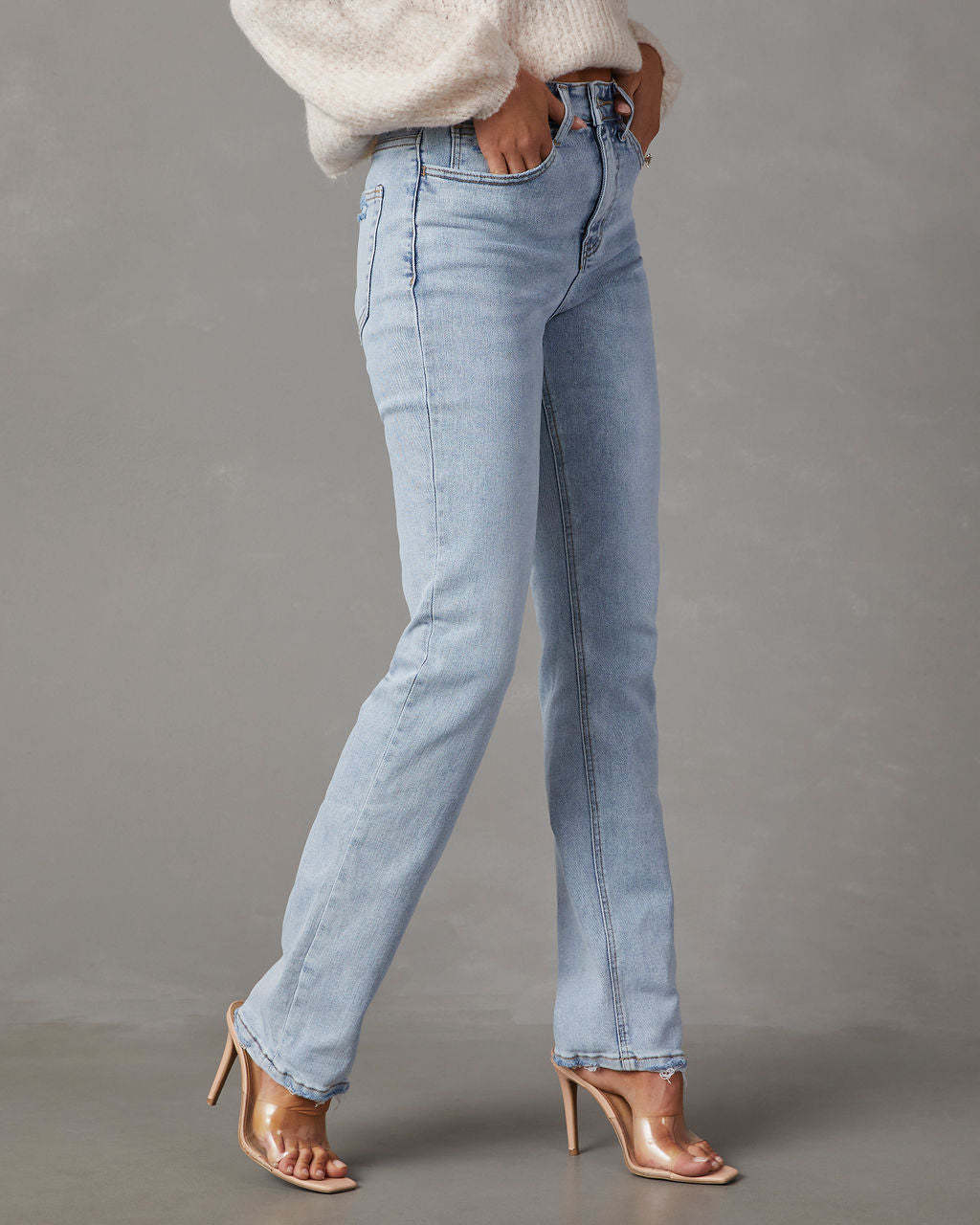 LADIES HIGH WAIST STRAIGHT DENIM JEANS LIGHT BLUE DENIM (SIZE S-2XL)