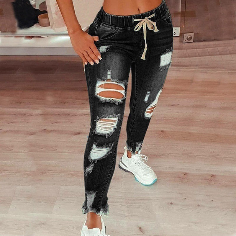 LADIES HIGH WAIST DRAWSTRING JEANS GRAY / BLACK / DARK BLUE / LIGHT BLUE (SIZE: S-4XL)