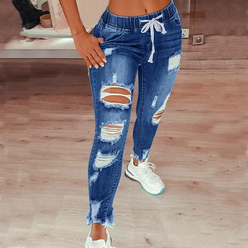 LADIES HIGH WAIST DRAWSTRING JEANS GRAY / BLACK / DARK BLUE / LIGHT BLUE (SIZE: S-4XL)
