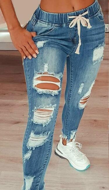 LADIES HIGH WAIST DRAWSTRING JEANS GRAY / BLACK / DARK BLUE / LIGHT BLUE (SIZE: S-4XL)
