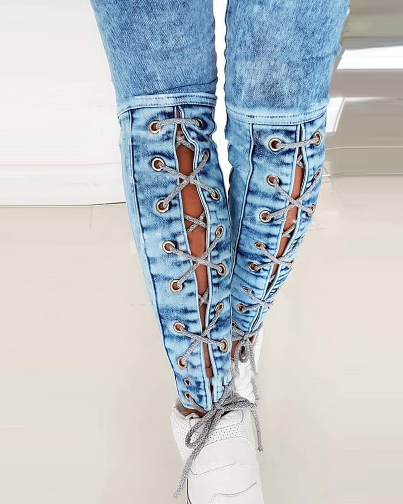 LADIES HIGH WAIST LACE UP DENIM JEANS BLUE (SIZE S-XL)