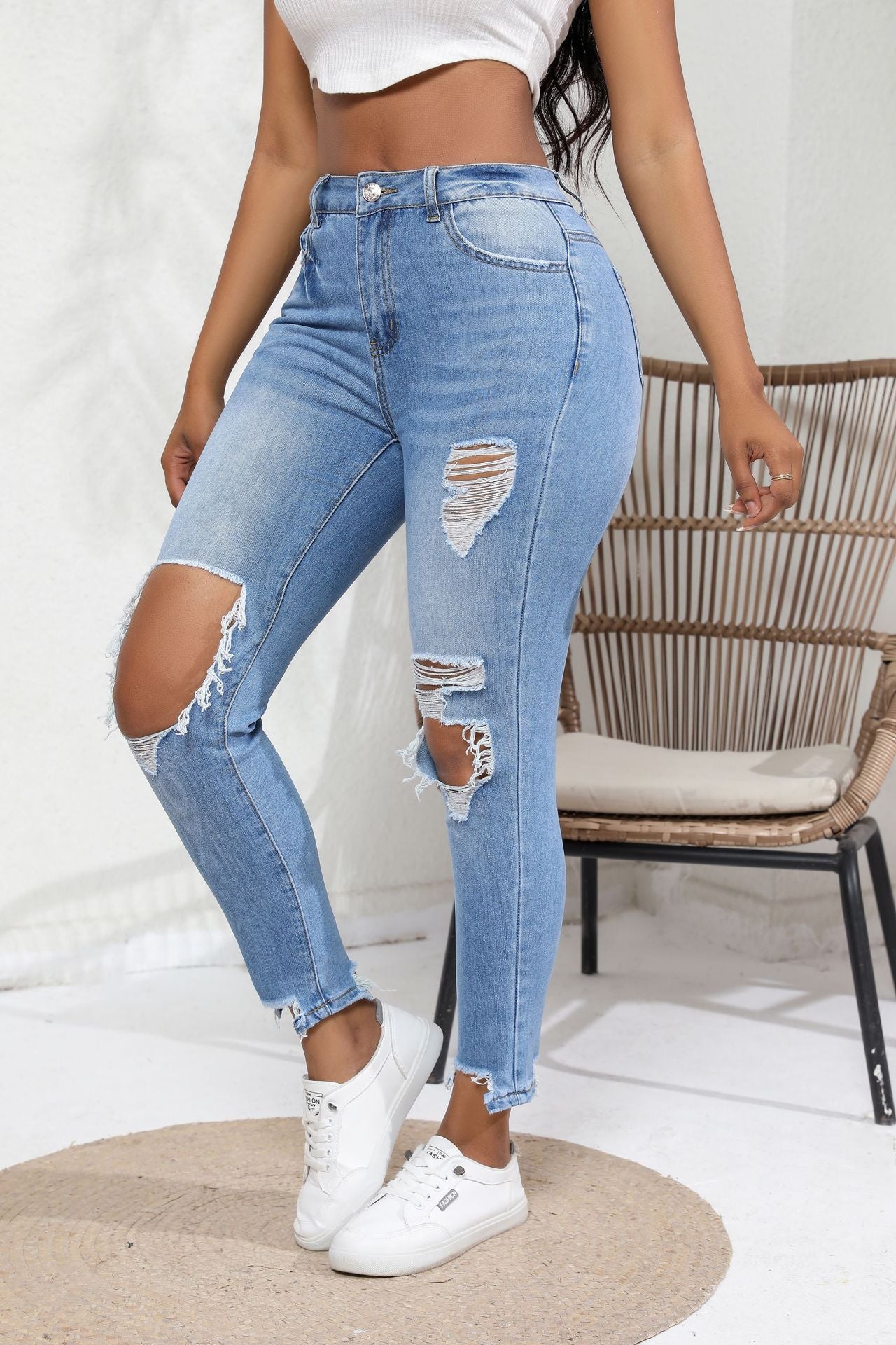 LADIES HIGH WAIST DISTRESSED JEANS BLUE (SIZE S-2XL