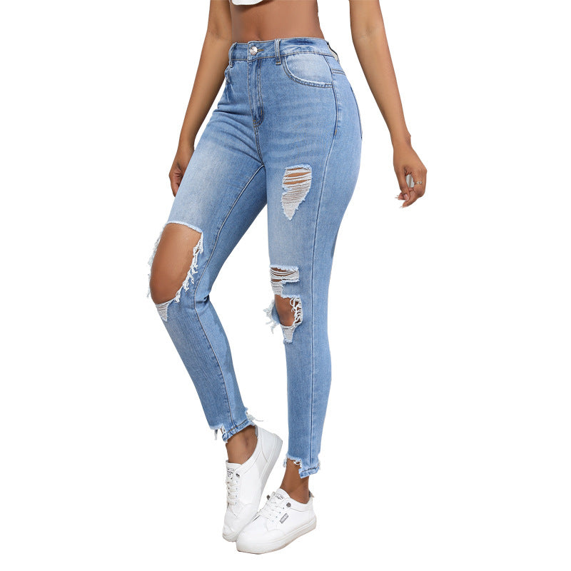 LADIES HIGH WAIST DISTRESSED JEANS BLUE (SIZE S-2XL