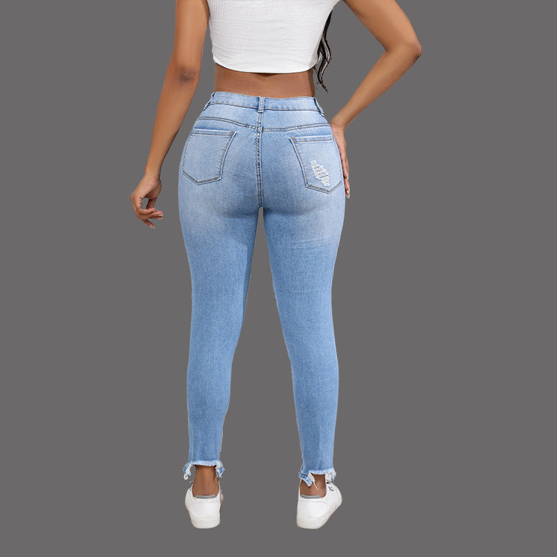 LADIES HIGH WAIST DISTRESSED JEANS BLUE (SIZE S-2XL