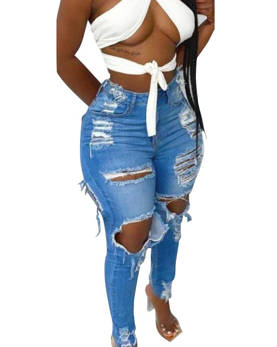 LADIES HIGH WAIST DISTRESSED JEANS BLUE (SIZE S-2XL)