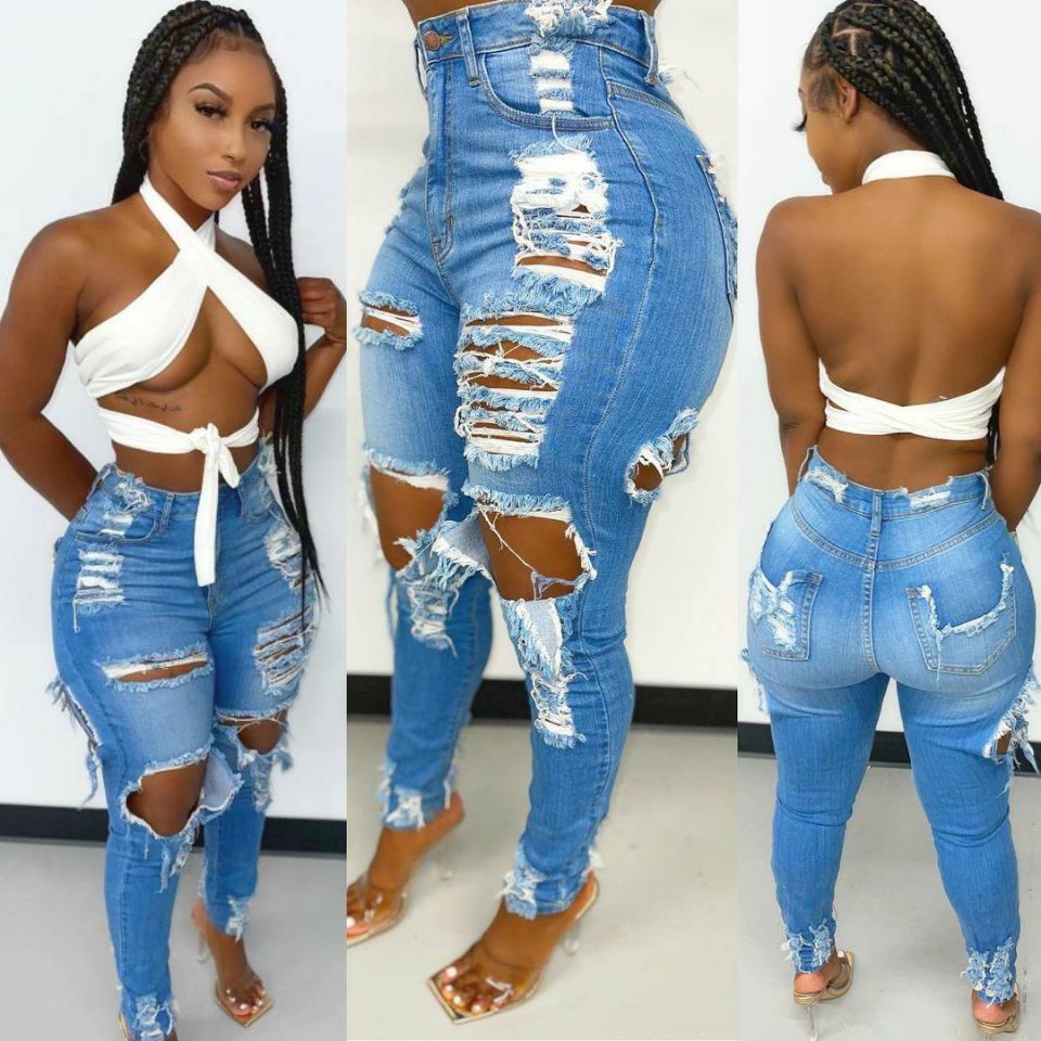 LADIES HIGH WAIST DISTRESSED JEANS BLUE (SIZE S-2XL)
